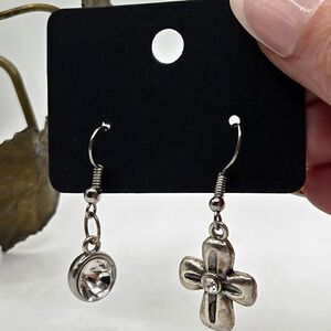 "5/$40" Mismatched Silvertone Rhinestone Cross /Circle Dangle Earrings